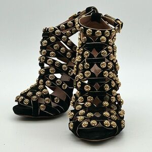 Alaia Black Suede Gladiator Heels with Gold Studs size 37
